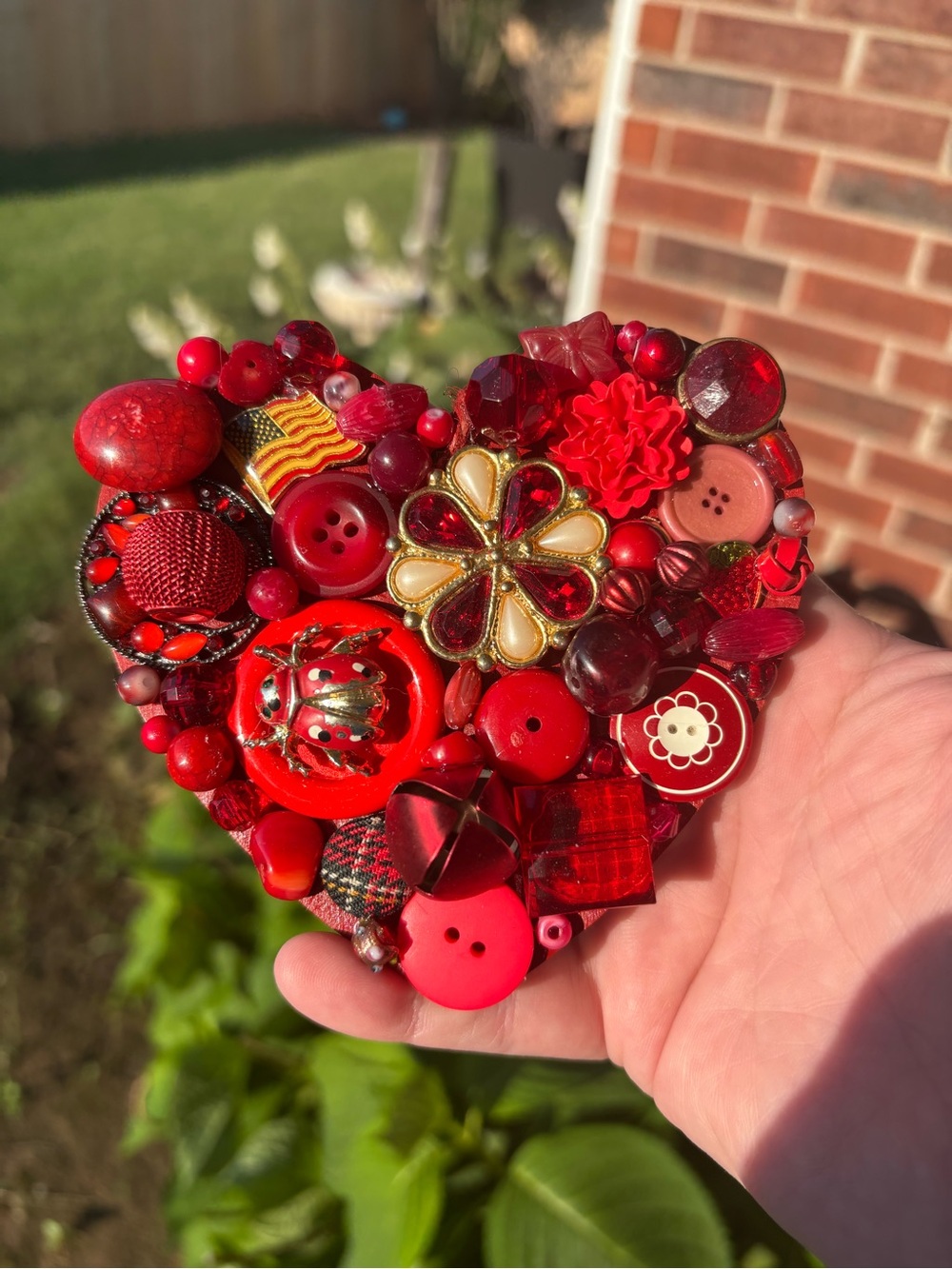 Hand Crafted Red Heart Ornament with Vintage Beads, Buttons, and Jewelry!!